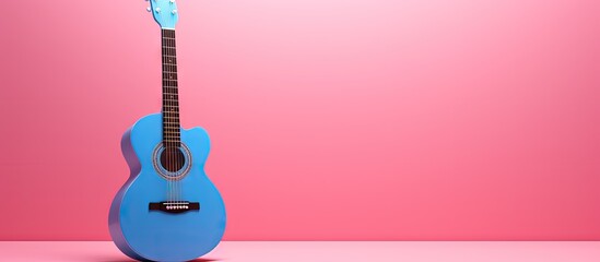 Pink background featuring a music note next to an acoustic classic guitar Copy space with a blue...