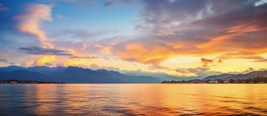 Naklejka na ściany i meble Golden clouds mirror in the water during a vibrant sunset on Lake Geneva in Switzerland Copy space image Place for adding text or design