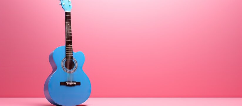 Pink background featuring a music note next to an acoustic classic guitar Copy space with a blue cartoon guitar 3D rendered image Copy space image Place for adding text or design