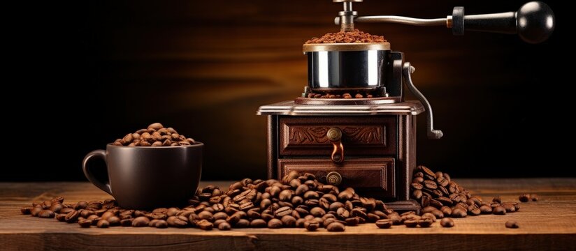 Old bronze coffee grinder on dark wood with coffee beans Copy space image Place for adding text or design