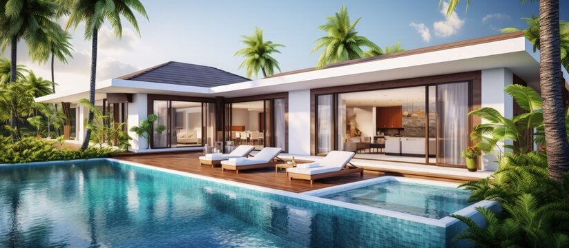Luxury villa with private garden in tropical resort showcasing exterior views Copy space image Place for adding text or design