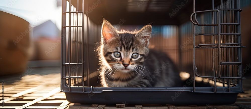 Poster Gorgeous feline enclosed in portable cage excellent image Copy space image Place for adding text or design