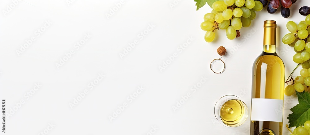 Aufkleber Minimalistic trendy flat lay of white wine on a white background perfect for wine bar or winery concepts Copy space image Place for adding text or design