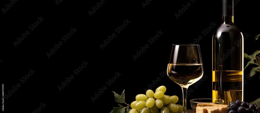 Fototapete Minimalistic trendy flat lay of white wine on a white background perfect for wine bar or winery concepts Copy space image Place for adding text or design