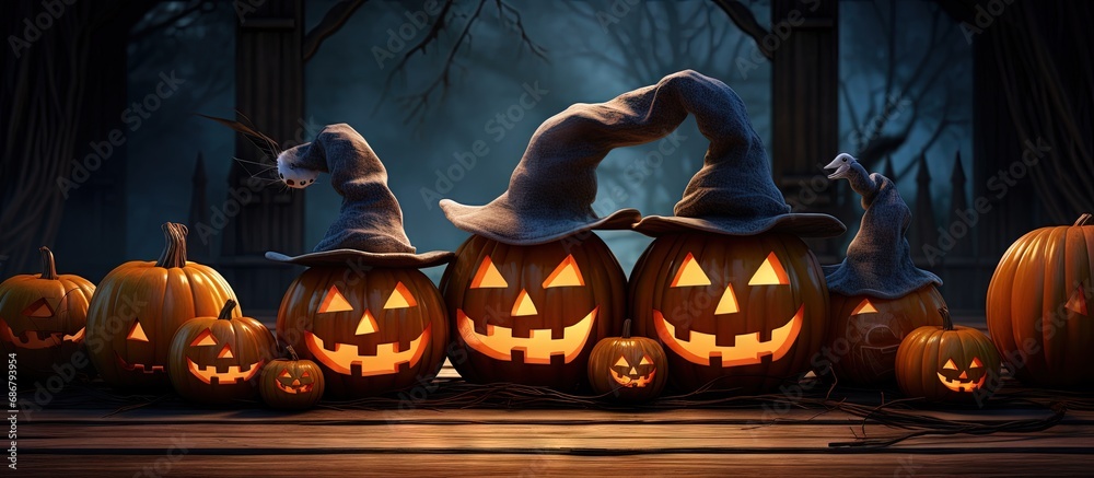 Poster Halloween poster featuring pumpkins and traditional decorations with space for text 3d image Copy space image Place for adding text or design