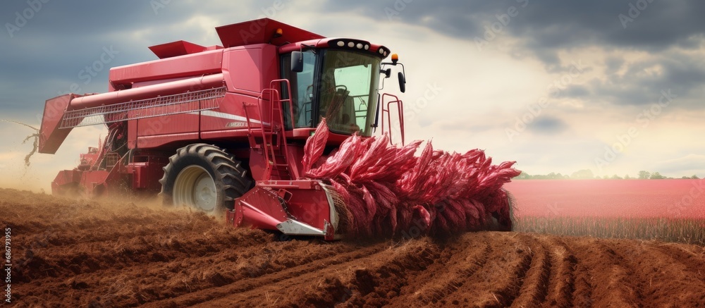 Poster Red beet sugar harvest using combine harvester Copy space image Place for adding text or design