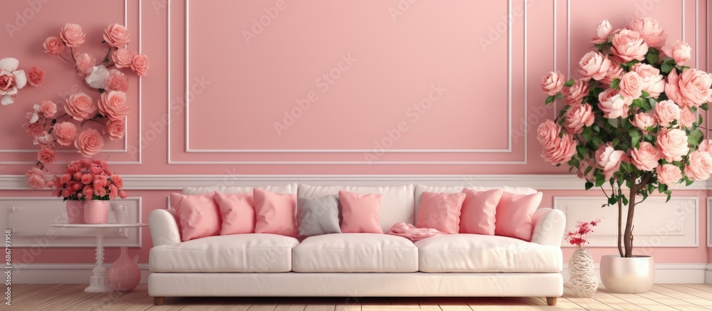 Poster Pink walled living room adorned with lovely flowers and sofas 3D image Copy space image Place for adding text or design