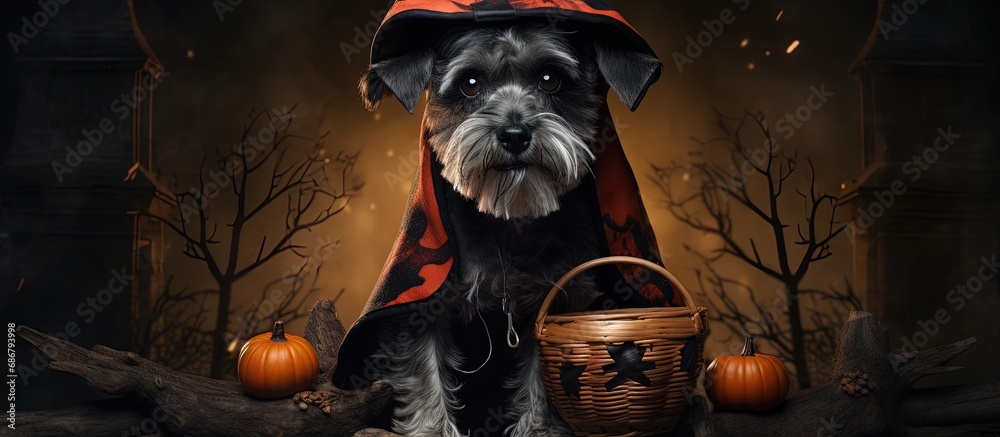 Poster halloween themed dog portrait with a basket copy space image place for adding text or design