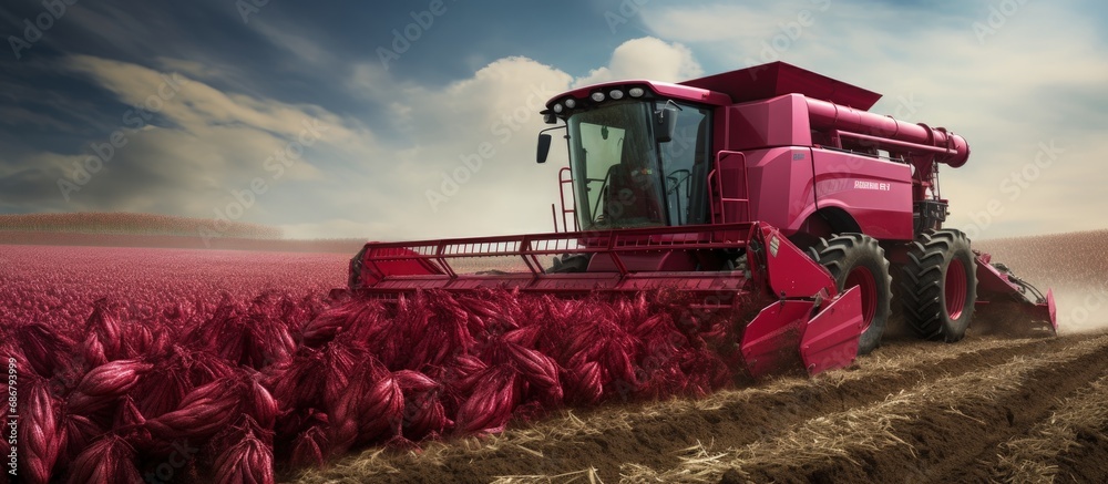 Poster Red beet sugar harvest using combine harvester Copy space image Place for adding text or design
