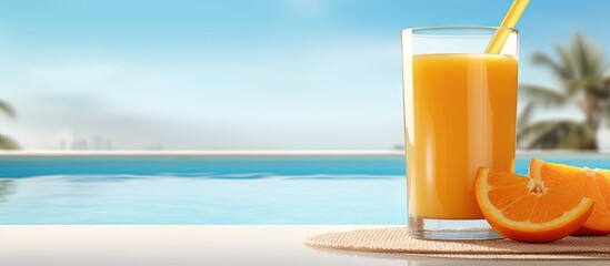 Poolside view of orange juice Copy space image Place for adding text or design