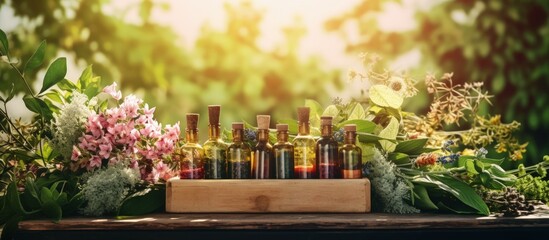 Herbal medicine displayed outdoors with tincture bottles healing herbs and wooden box of herbs Copy space image Place for adding text or design - obrazy, fototapety, plakaty