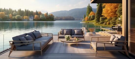 Luxurious summer house with lake view wooden terrace gray sofa and a 3D representation of a hotel interior Copy space image Place for adding text or design