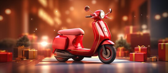 Red scooter with trunk pin location and smartphone on light background Copy space image Place for adding text or design