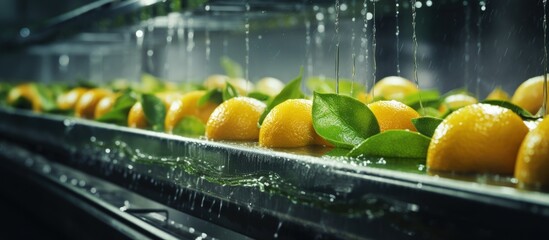 Modern production lines wash and clean citrus fruits Copy space image Place for adding text or design - obrazy, fototapety, plakaty
