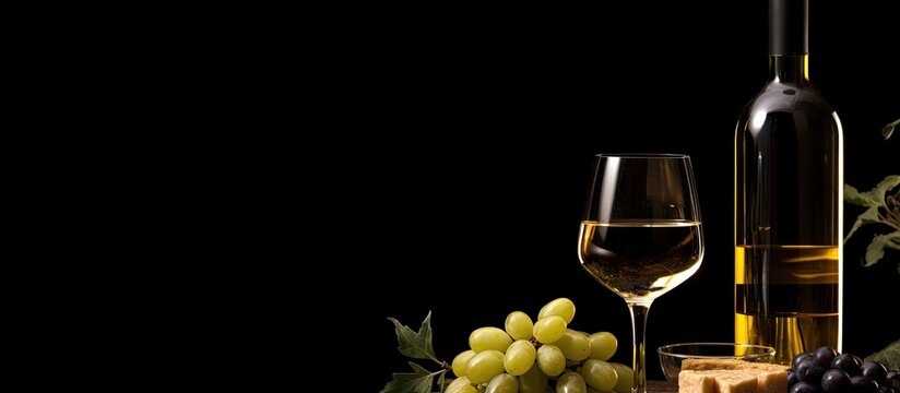 Minimalistic trendy flat lay of white wine on a white background perfect for wine bar or winery concepts Copy space image Place for adding text or design
