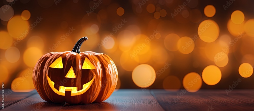 Poster Halloween pumpkin with lit candle in bokeh background Copy space image Place for adding text or design
