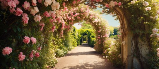 Fototapeta premium Honeysuckle in an English garden s sunny pathway Copy space image Place for adding text or design