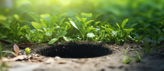 Landscaping weed barrier with hole on ground Copy space image Place for adding text or design