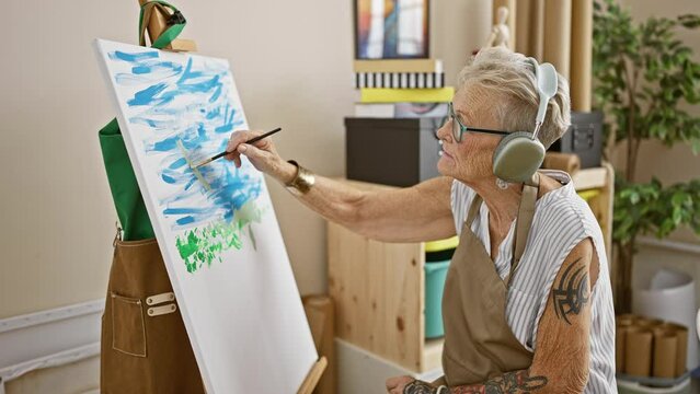 Elderly grey-haired woman artist absorbed in the joy of painting, surrounded by paintbrushes and canvas's, in a classic art school studio while cheerfully listening to her favorite music.