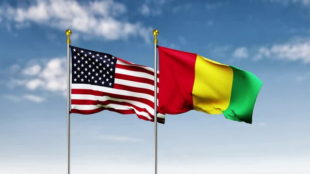 USA or america and guinea flag waving on sky background. 4K Highly Detail 3D Rendered video footage for national or government activity, patriotism and  social media content.