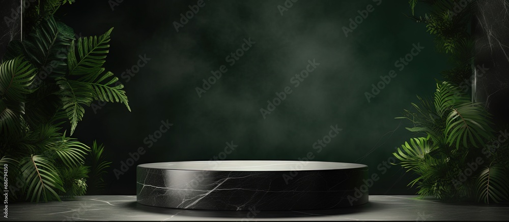 Poster luxurious marble podium with forest green leaves on dark background for promotion or presentation bl