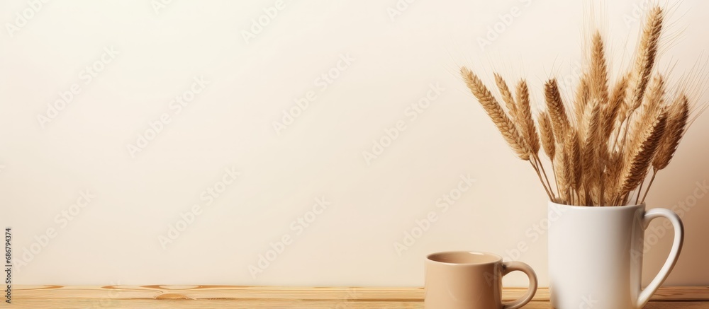 Leinwandbilder minimalist mockup of a female workspace with laptop coffee cup and stationery on a wooden table copy