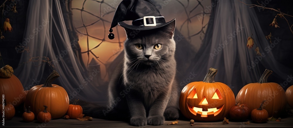 Aufkleber gray cat in witch costume surrounded by bats copy space image place for adding text or design