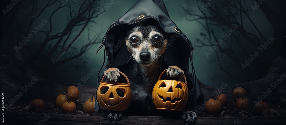 Aufkleber Halloween themed dog portrait with a basket Copy space image Place for adding text or design