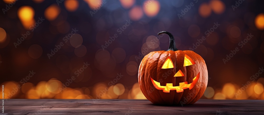 Aufkleber Halloween pumpkin with lit candle in bokeh background Copy space image Place for adding text or design
