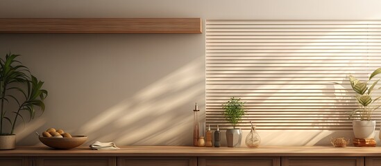Photo of kitchen with cupboards plants food shopping bag and window blinds Copy space image Place for adding text or design - obrazy, fototapety, plakaty