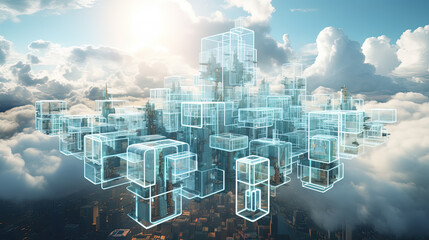 Concept of a digital city with cloud connections. Futuristic network in the clouds