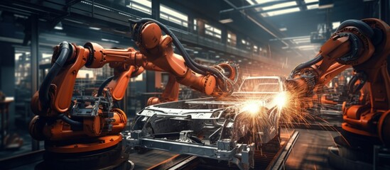 Robotic welders assemble car parts in an industry plant Copy space image Place for adding text or design
