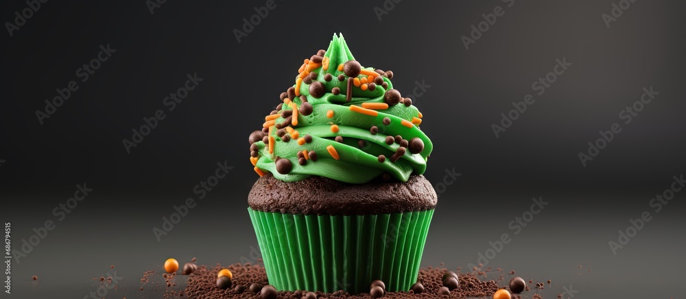 Poster halloween themed cupcake with colorful decoration isolated on white background in high quality close
