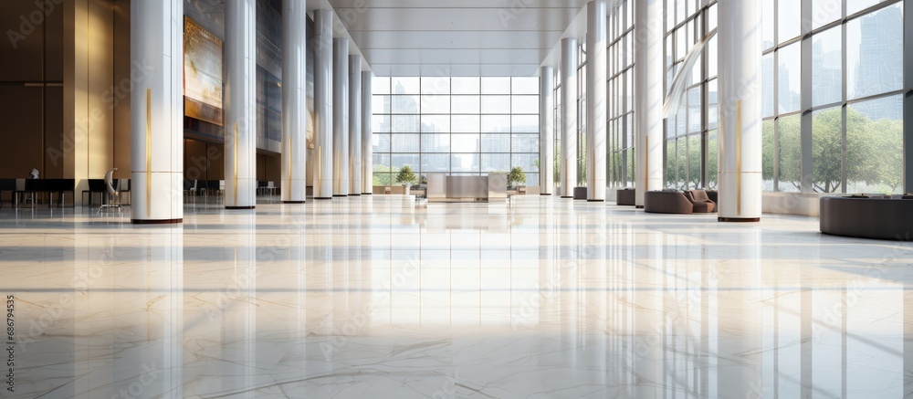Poster luxurious commercial building or hotel lobby clean corporate hall with real floor tile modern shiny 