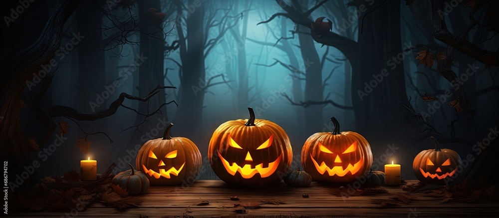 Poster Halloween themed table with jack o lanterns candles and a mystical forest background at night Copy space image Place for adding text or design