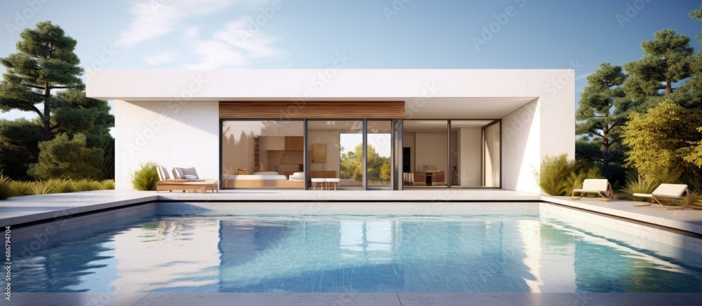 Poster Minimal house with swimming pool depicted in 3D rendering illustration of architecture Copy space image Place for adding text or design