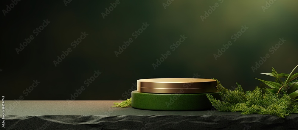 Poster Organic cosmetics on stone podium highlighted by green moss Natural setting for product presentation Copy space available Copy space image Place for adding text or design