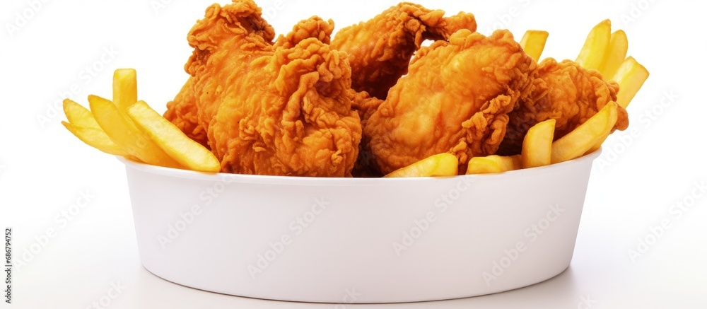 Aufkleber Isolated fried chicken in a bucket on white background with clipping path Copy space image Place for adding text or design