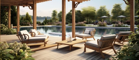 Luxury outdoor garden with teak deck black pergola sofas deck chairs and swimming pool Copy space image Place for adding text or design