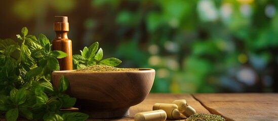 Herbal remedies in various forms for health and wellness Copy space image Place for adding text or design