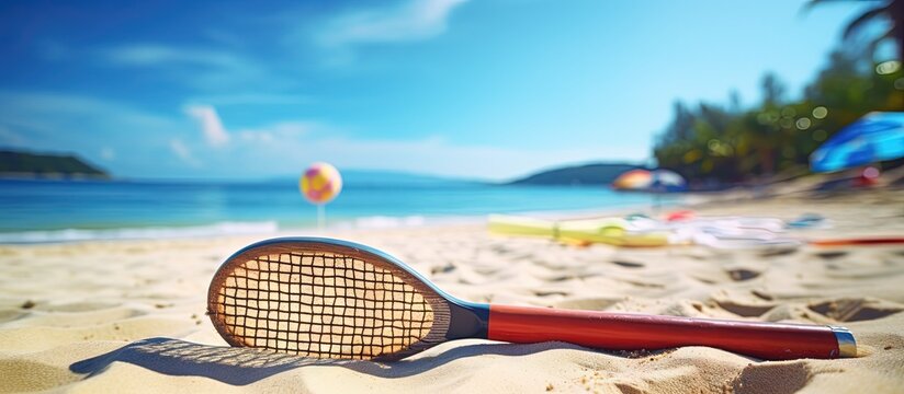 Sandy beach sport concept with racket ball Copy space image Place for adding text or design