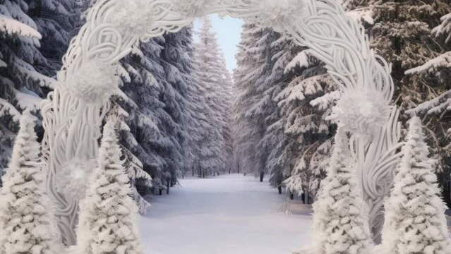Christmas Winter snow photo Wooden arch for photoshoot with pine. Christmas trees. New year photo zone in the forest. Warm winter - Seamless loop animation, created using AI Generative Technology
