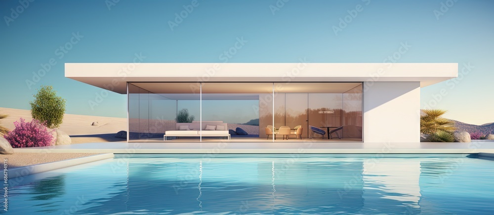 Poster Minimal house with swimming pool depicted in 3D rendering illustration of architecture Copy space image Place for adding text or design