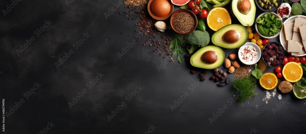 Poster Healthy and balanced organic food ingredients for cooking viewed from above on a dark stone table Copy space image Place for adding text or design