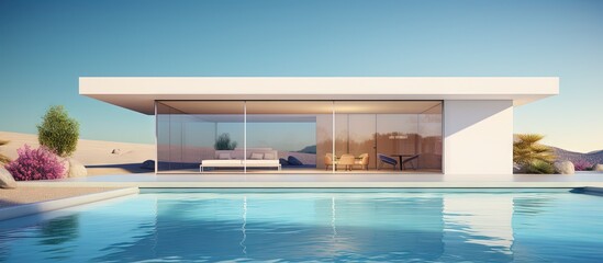 Minimal house with swimming pool depicted in 3D rendering illustration of architecture Copy space image Place for adding text or design - obrazy, fototapety, plakaty