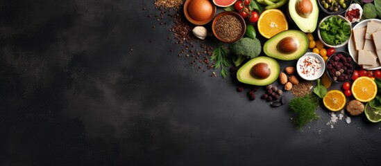 Healthy and balanced organic food ingredients for cooking viewed from above on a dark stone table Copy space image Place for adding text or design - Powered by Adobe