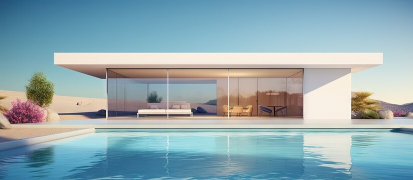 Minimal house with swimming pool depicted in 3D rendering illustration of architecture Copy space image Place for adding text or design