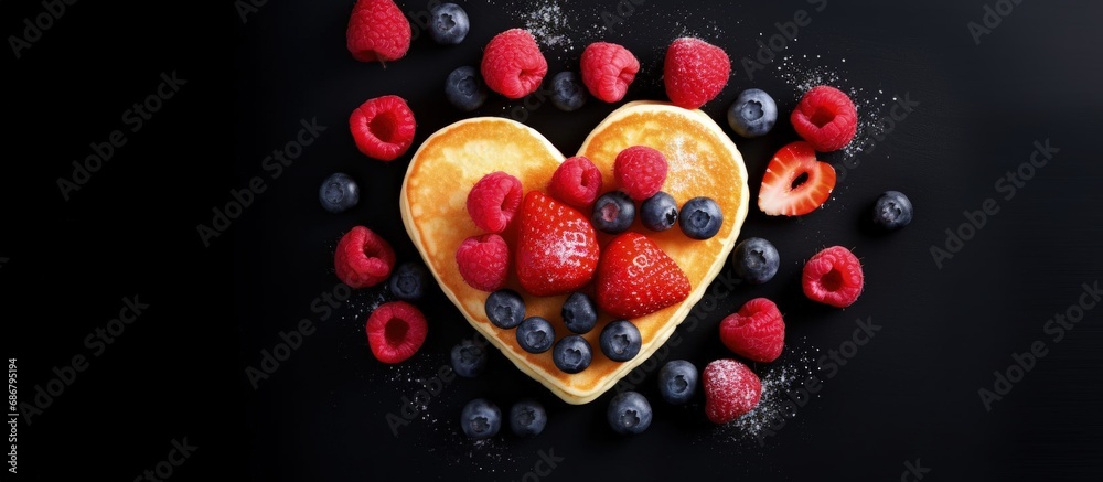 Poster Heart shaped mini pancakes topped with berries make for a tasty Valentine s Day breakfast with a lovely food backdrop Copy space image Place for adding text or design