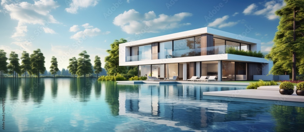 Poster Minimal architecture design concept is reflected in a 3D rendering of a luxury modern house with a swimming pool situated by a green lake in daylight Copy space image Place for adding text or d