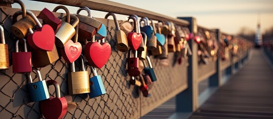 Ideal for Valentine s Day and romantic designs this photo portrays numerous love locks symbolizing eternal love on a bridge Copy space image Place for adding text or design - obrazy, fototapety, plakaty